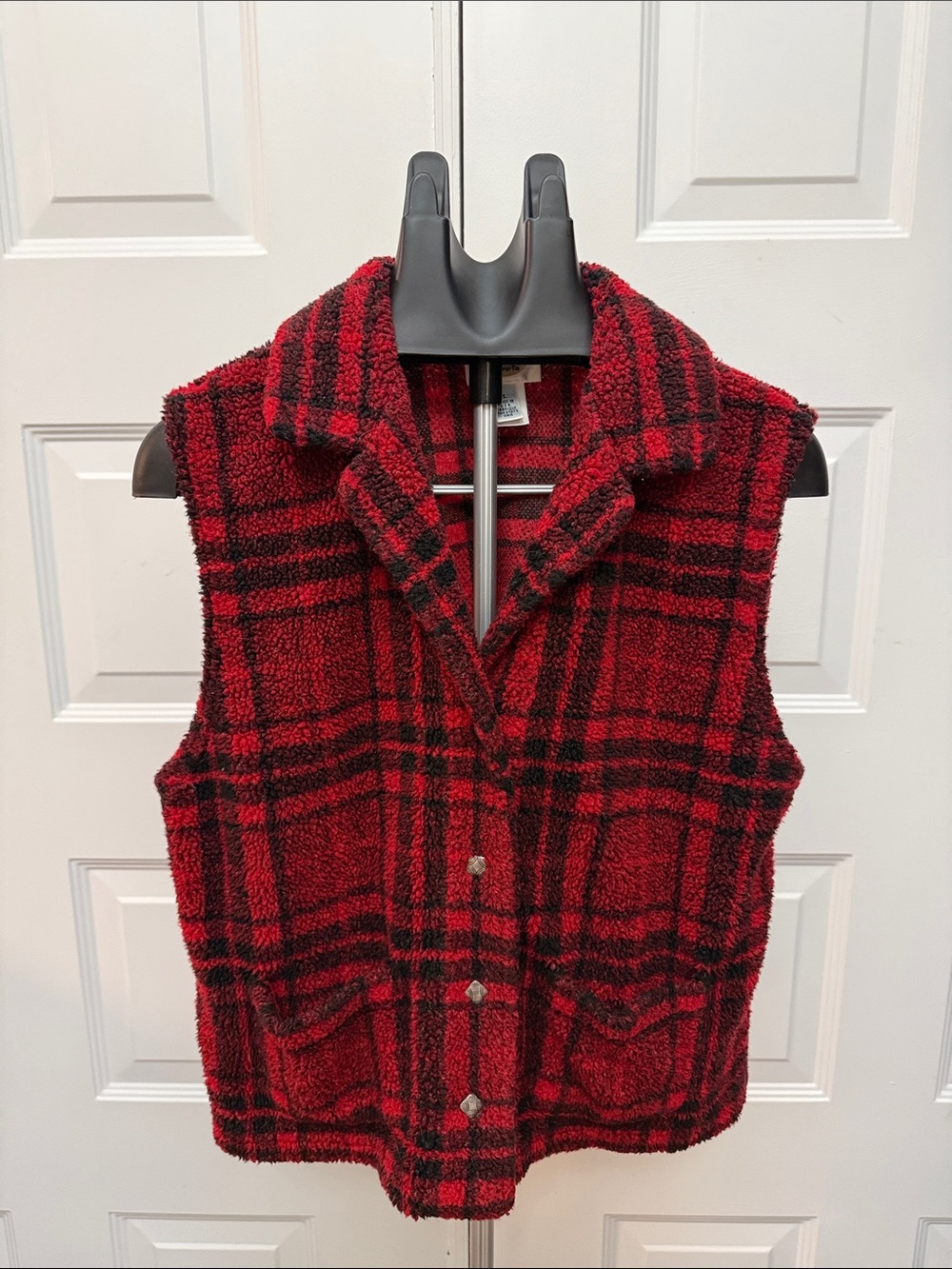 Talbots Red and Black Plaid Sherpa Vest
